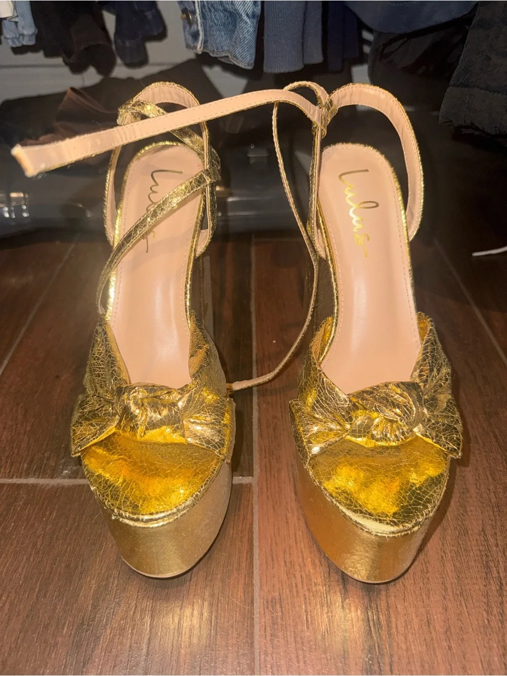 Lulu's Metallic Gold Platform Ankle-Strap Heels